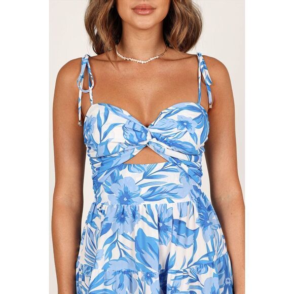 Petal & Pup Womens Blue White Rose Floral Tie Strap Tiered Midi Dress Large NWOT - Picture 2 of 9